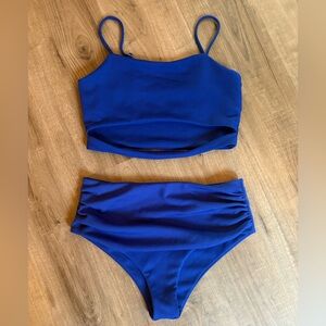 Zaful Ribbed Blue High Waisted Two Piece Swim